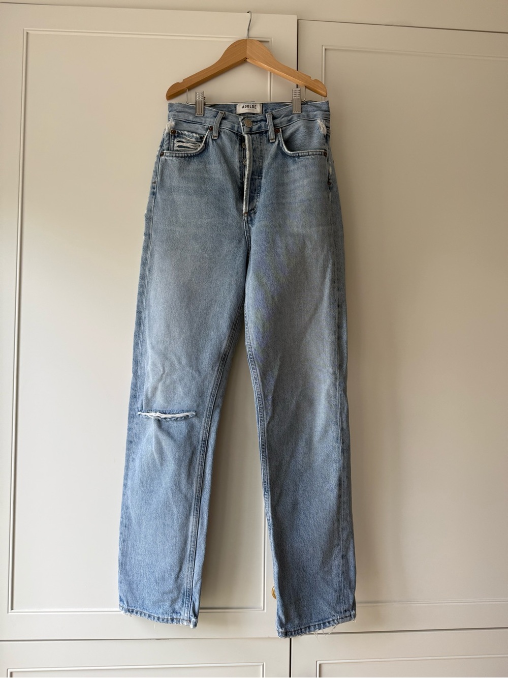 Agolde Light Blue Straight Leg Jeans with Knee Distress SIZE 22